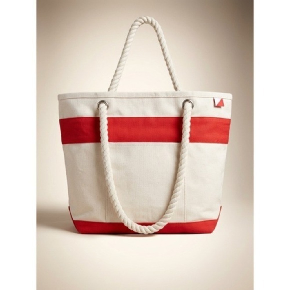 ShoreBags Nautical Canvas Rope Handle Tote Bag Red White Stripe Beach Travel